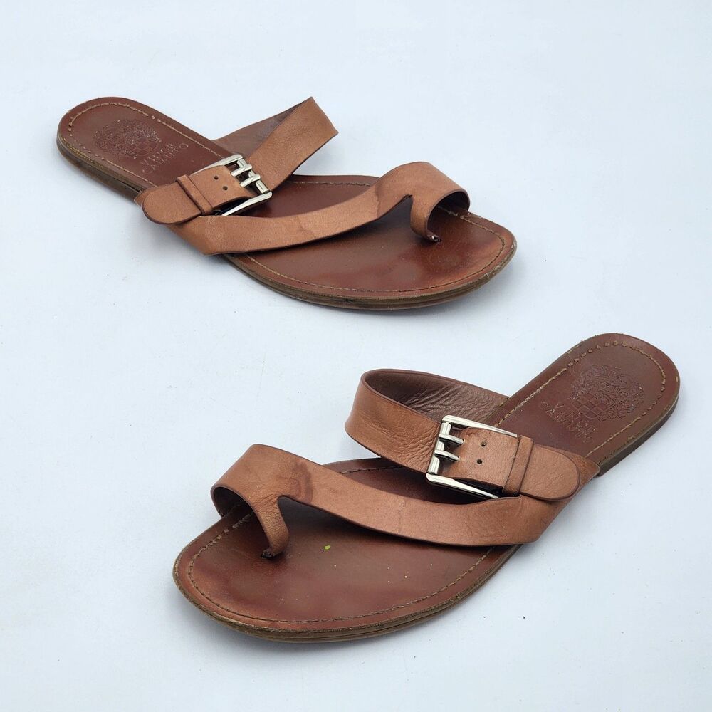 Vince Camuto Tadd Buckle Leather Strap Toe Loop Slip On Sandals Brown Size 8.5